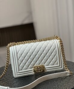 CHANEL BOY - MEDIUM - WHITE - CAVIAR - GOLD