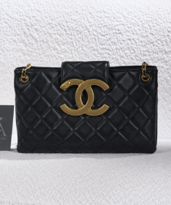 CHANEL 24C BIG LOGO HOBO BAG - BLACK - LAMBSKIN - AGED GOLD