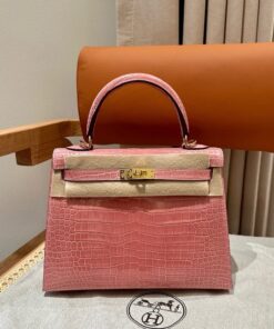 HERMES KELLY - 25 - ROSE CONFETTI - CROCODILE - GHW