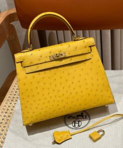 HERMES KELLY - 25 - JAUNE DE NAPLES - OSTRICH - GHW