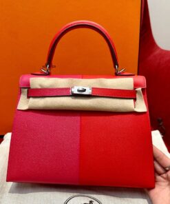HERMES KELLY - 25 - ROSE EXTREME & ROUGE DE COEUR & BLEU ZANZIBAR - EPSOM - PHW