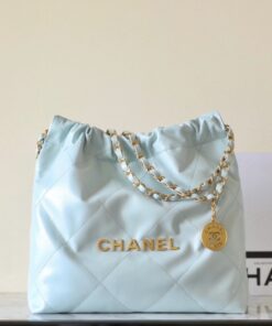 CHANEL 22 - SMALL- 24P - PALE BLUE - SHINY CALFSKIN - GOLD