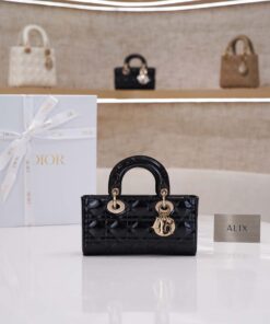 DIOR LADY D-JOY – SMALL – BLACK – PATENT CANNAGE CALFSKIN – GOLD