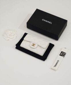 CHANEL WALLET CARD HOLDER - MINI - WHITE - CAVIAR - GOLD CHAMPAGNE