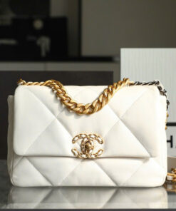 CHANEL 19 – SMALL – WHITE – LAMBSKIN – GOLD