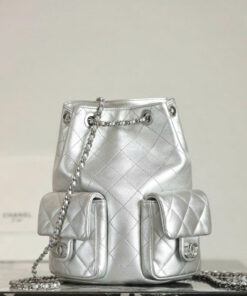 CHANEL BACKPACK – SMALL – SILVER –  LAMBSKIN – SILVER