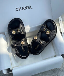 CHANEL BOW FAUX PEARL DAD SANDAL - BLACK - LAMBSKIN