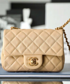 CHANEL FLAP BAG WITH CHAIN – MINI – BEIGE – LAMBSKIN – GOLD