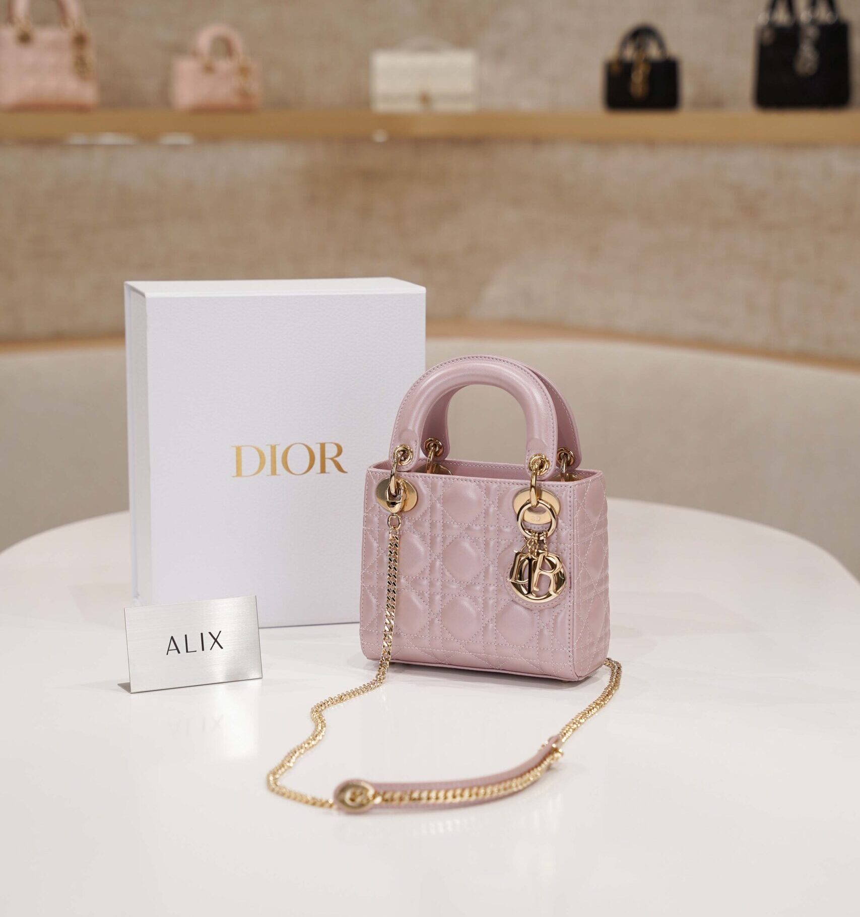 DIOR LADY – MINI – PINK PEARLESCENT – LAMBSKIN – GOLD