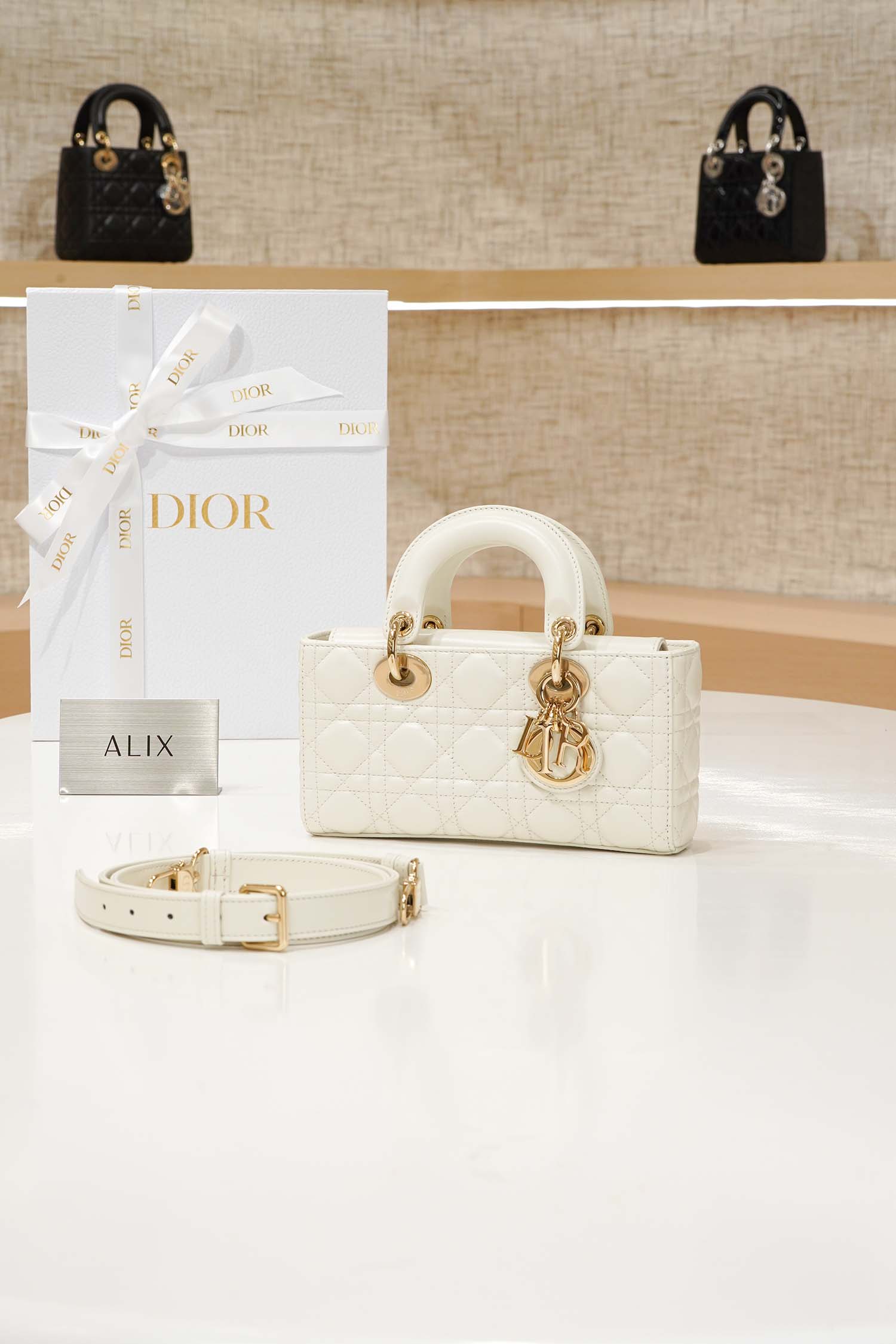 DIOR LADY D-JOY – SMALL – WHITE – LAMBSKIN – GOLD