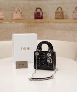 DIOR LADY – MINI – BLACK – PATENT CANNAGE CALFSKIN – SILVER