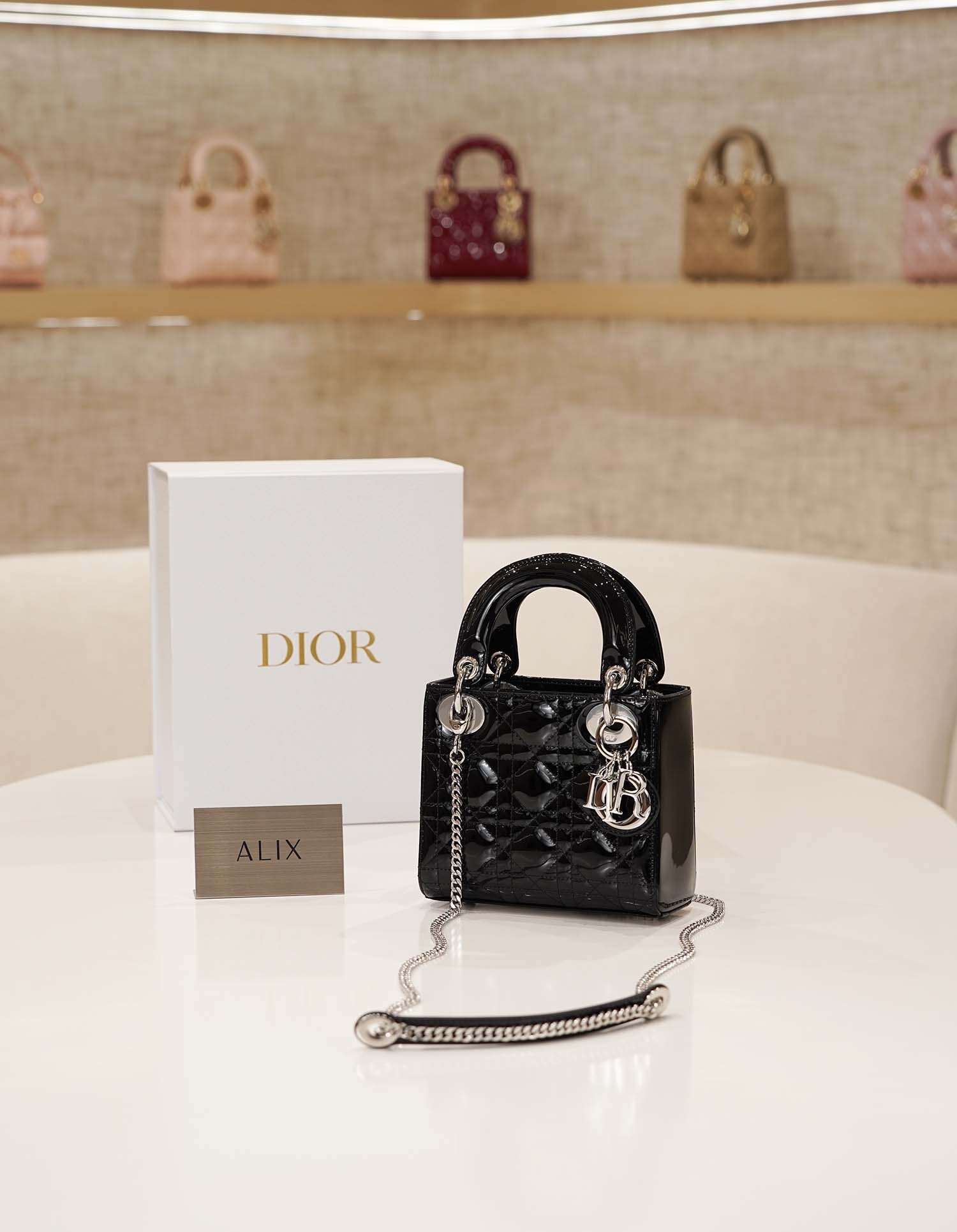 DIOR LADY – MINI – BLACK – PATENT CANNAGE CALFSKIN – SILVER