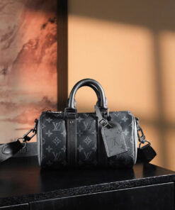 LV KEEPALL BANDOULIERE – 25 – GRAY – MONOGRAM ECLIPSE – SILVER