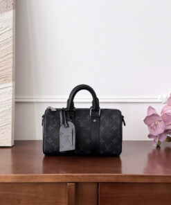 LV KEEPALL BANDOULIERE – 25 – GRAY – MONOGRAM ECLIPSE – SILVER