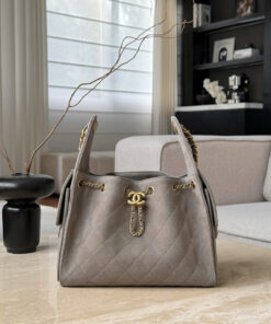 CHANEL 25 – SMALL – DARK GREY – SUEDE CALFSKIN – AGED GOLD