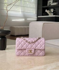 CHANEL CLASSIC MINI RECTANGLE  - ROSE SAKURA - LAMBSKIN - GOLD CHAMPAGNE