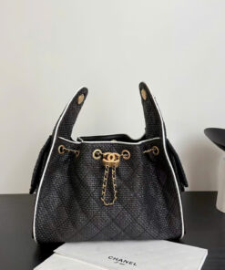 CHANEL 25 - SMALL - BLACK & WHITE - CANVAS RAFFIA - AGED GOLD