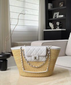 CHANEL SHOPPING TOTE - LARGE - BEIGE & WHITE - BRAIDED STRAW & LAMBSKIN - GOLD CHAMPAGNE