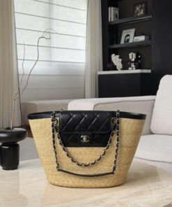 CHANEL SHOPPING TOTE - LARGE - BEIGE & BLACK - BRAIDED STRAW & LAMBSKIN - GOLD CHAMPAGNE