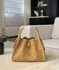 CHANEL 25 – SMALL – DARK BEIGE – SUEDE CALFSKIN – AGED GOLD