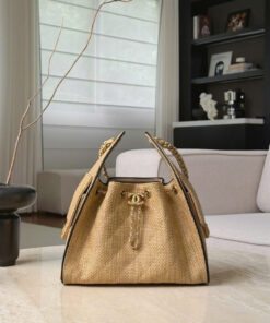CHANEL 25 – SMALL – BEIGE & BLACK – BRAIDED RAFFIA CALFSKIN – GOLD