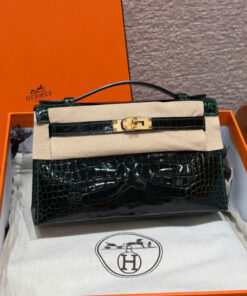 HERMES KELLY POCHETTE – VERT FONCE  – ALLIGATOR – GHW