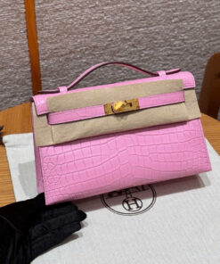 HERMES KELLY POCHETTE – PINK – CROCODILE – GHW