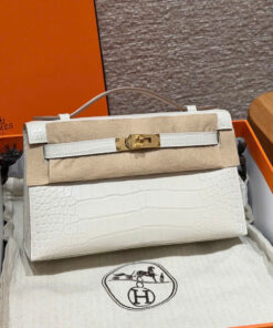 HERMES KELLY POCHETTE – BETON  – ALLIGATOR – GHW