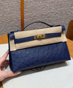 HERMES KELLY POCHETTE – BLUE SAPHIR – OSTRICH – GHW