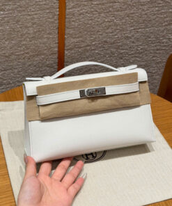 HERMES KELLY POCHETTE – BLANC & LIME – SWIFT – PHW