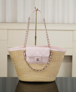 CHANEL SHOPPING TOTE MEDIUM – BEIGE & LIGHT PINK – RAFFIA & LAMBSKIN – GOLD CHAMPAGNE