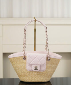 CHANEL SHOPPING TOTE MEDIUM – BEIGE & LIGHT PINK – RAFFIA & LAMBSKIN – GOLD CHAMPAGNE