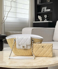 CHANEL SHOPPING TOTE – MEDIUM – BEIGE & WHITE – BRAIDED STRAW & LAMBSKIN – GOLD CHAMPAGNE