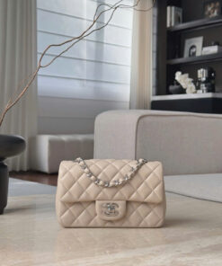 CHANEL CLASSIC MINI RECTANGLE – MILK TEA – LAMBSKIN – SILVER