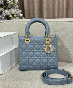 DIOR LADY – MEDIUM – GRIS BLUE – LAMBSKIN – GOLD