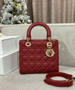 DIOR LADY – MEDIUM – RED – LAMBSKIN – GOLD