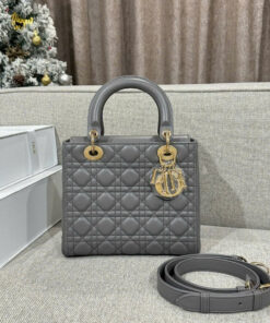 DIOR LADY – MEDIUM – STONE GREY – LAMBSKIN – GOLD