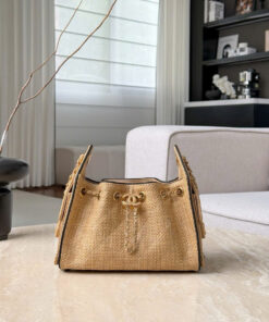 CHANEL 25 – MINI – BEIGE & BLACK – BRAIDED RAFFIA CALFSKIN – GOLD