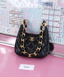 CHANEL HOBO BAG - BLACK - SHINY LAMBSKIN - GOLD